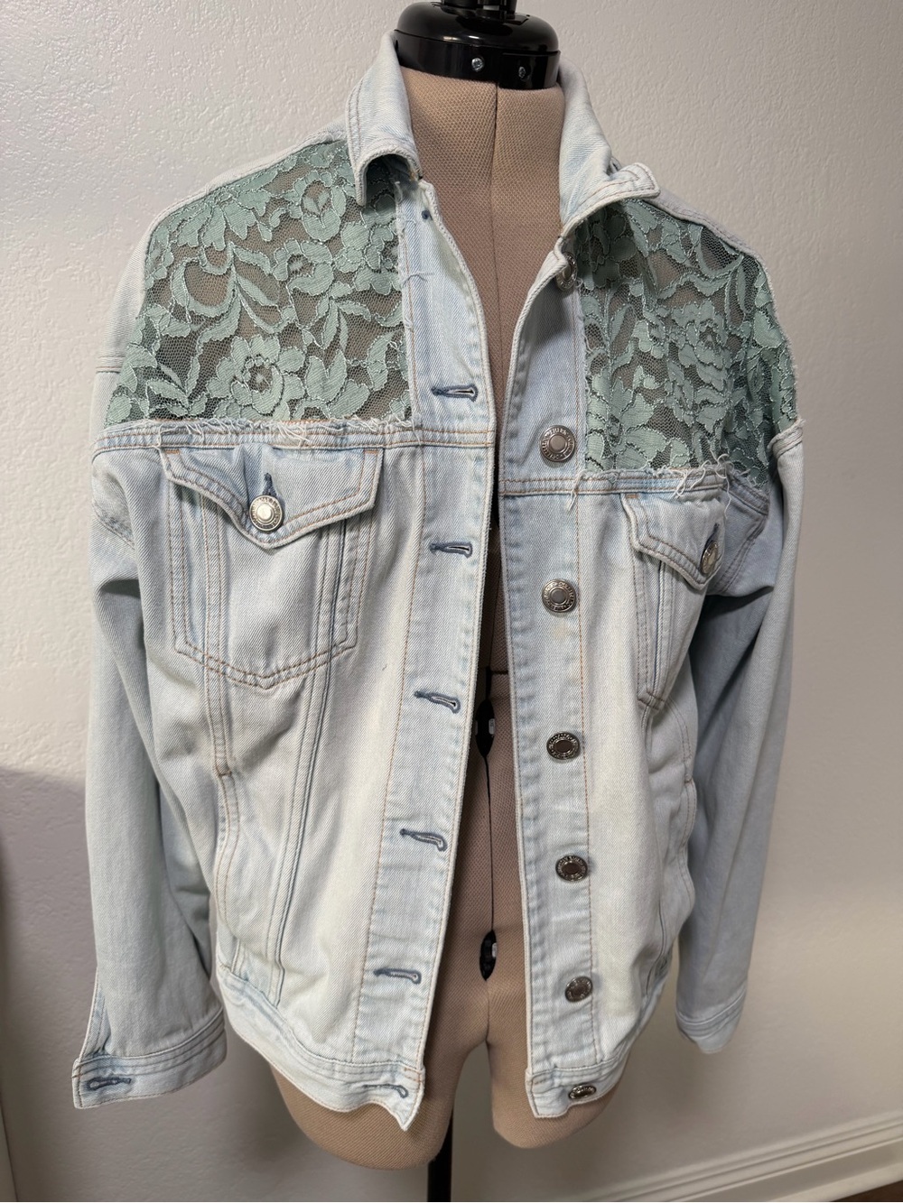 Light Wash Denim Jacket with Sage Lace Yoke by
